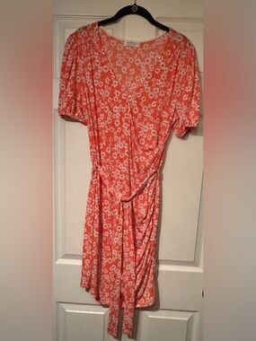 Kaileigh Sz Large Orange White Floral Midi Dress w/ belt